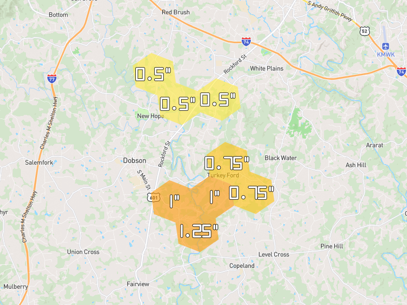 Hail map of Mount Airy, NC on Jul 4, 2026, hail up to 1.25"