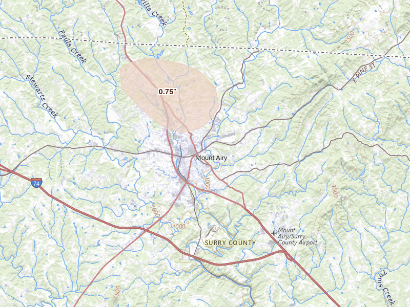 Radar-estimated hail-size map of the storm over Mount Airy, NC on Jul 19, 2026