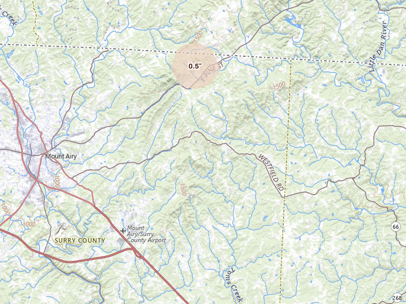 Radar-estimated hail-size map of the storm over Mount Airy, NC on Aug 15, 2026
