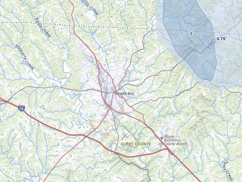 NEXRAD radar-signature map of the hail storm over Mount Airy, NC on Aug 15, 2026