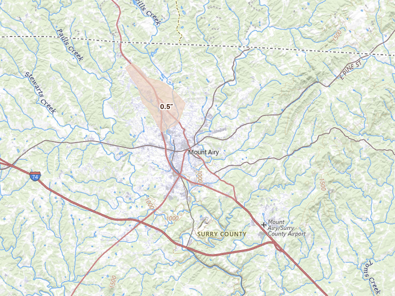 Radar-estimated hail-size map of the storm over Mount Airy, NC