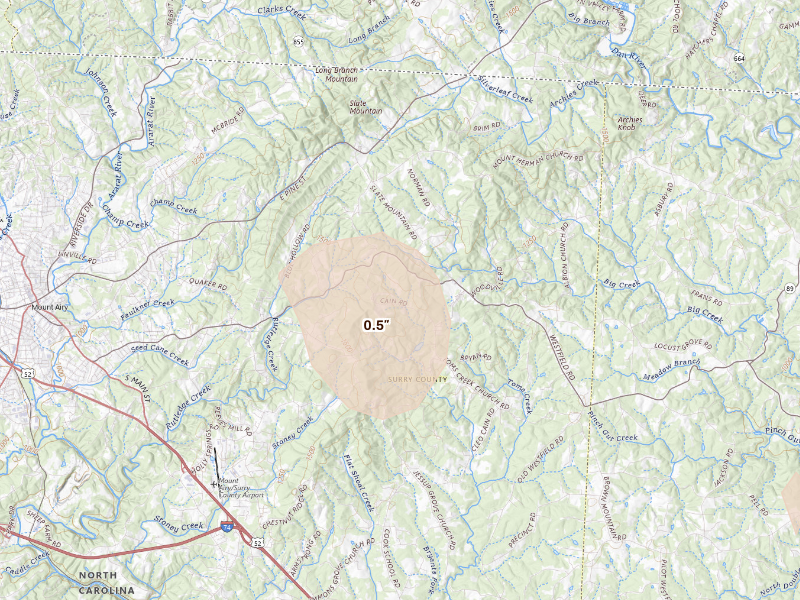 Radar-estimated hail-size map of the storm over Mount Airy, NC
