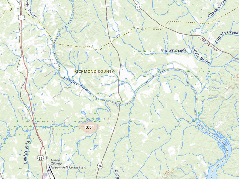Radar-estimated hail-size map of the storm over Mount Gilead, NC on Jul 5, 2026
