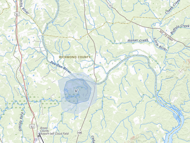 NEXRAD radar-signature map of the hail storm over Mount Gilead, NC on Jul 5, 2026