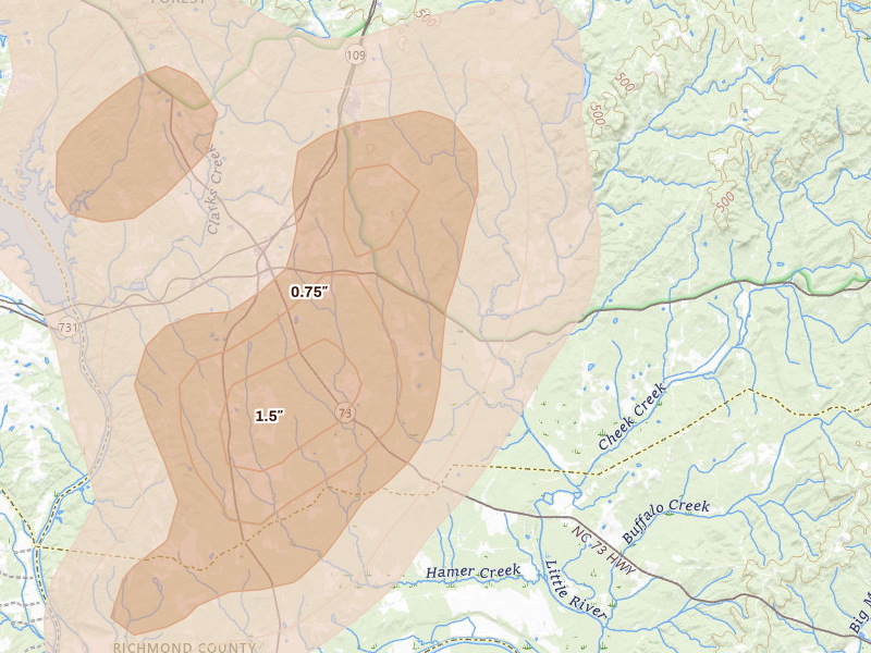 Radar-estimated hail-size map of the storm over Mount Gilead, NC on Aug 21, 2026