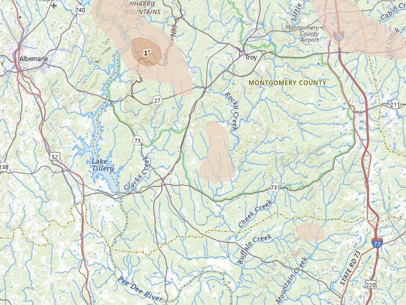 Radar-estimated hail-size map of the storm over Mount Gilead, NC