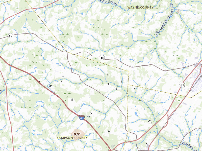 Radar-estimated hail-size map of the storm over Mount Olive, NC on Jun 28, 2026
