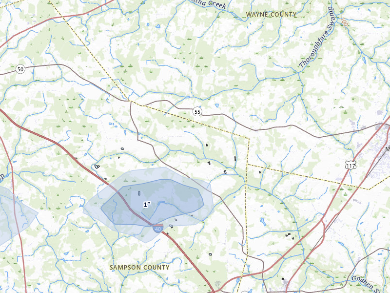 NEXRAD radar-signature map of the hail storm over Mount Olive, NC on Jun 28, 2026