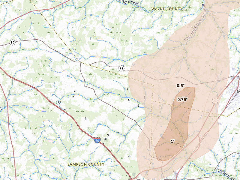Radar-estimated hail-size map of the storm over Mount Olive, NC on Jul 5, 2026