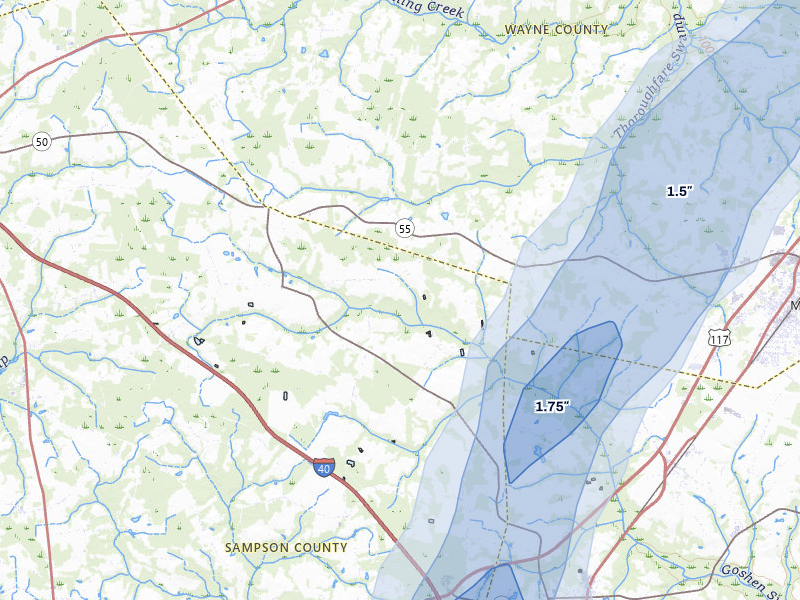 NEXRAD radar-signature map of the hail storm over Mount Olive, NC on Jul 5, 2026