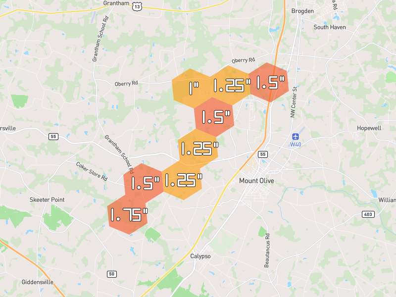 Hail map of Mount Olive, NC on Jul 5, 2026, hail up to 1.75"