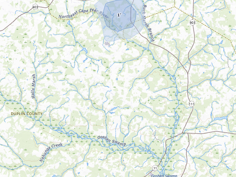 NEXRAD radar-signature map of the hail storm over Mount Olive, NC on Jul 7, 2026
