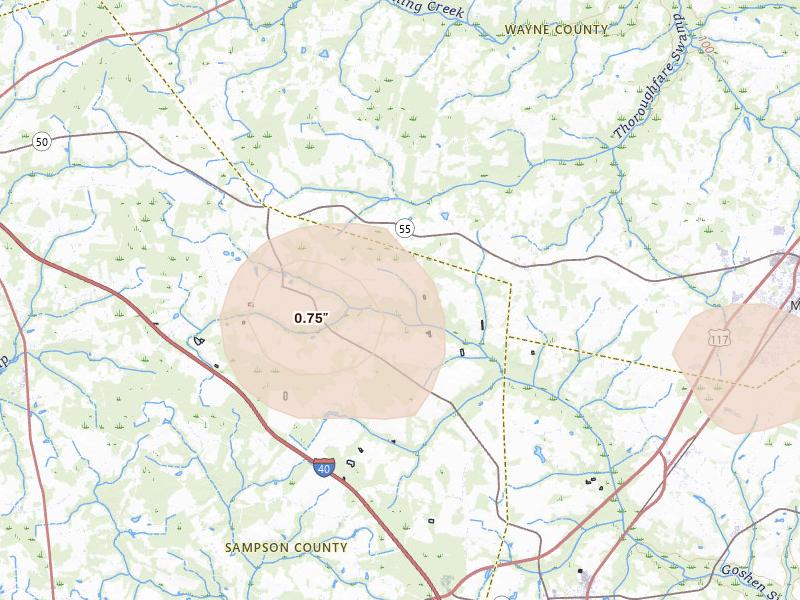 Radar-estimated hail-size map of the storm over Mount Olive, NC on Jul 20, 2026