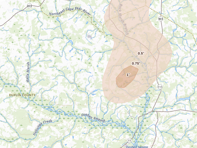 Radar-estimated hail-size map of the storm over Mount Olive, NC on Aug 21, 2026