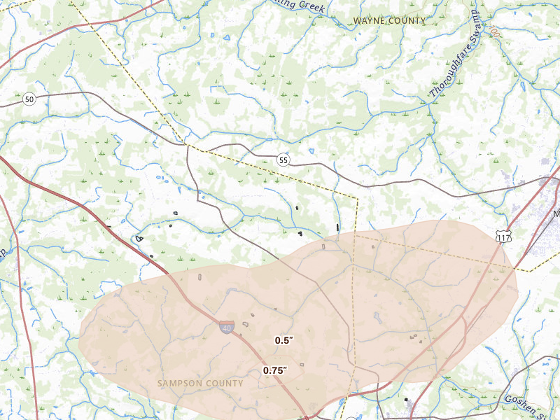 Radar-estimated hail-size map of the storm over Mount Olive, NC on Aug 23, 2026