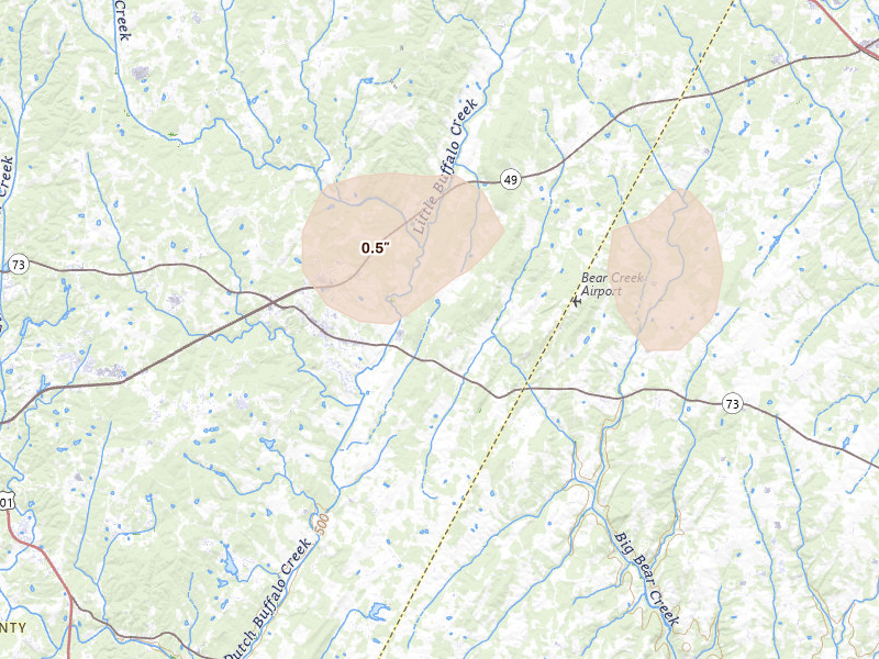 Radar-estimated hail-size map of the storm over Mount Pleasant, NC on Jul 20, 2026