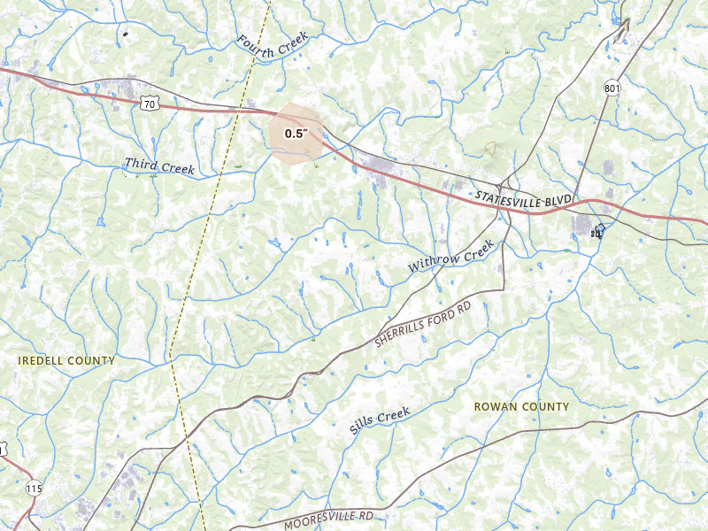 Radar-estimated hail-size map of the storm over Mount Ulla, NC on Jul 6, 2026
