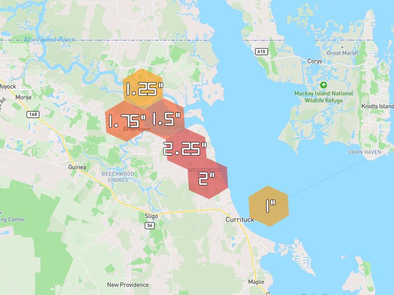 Hail map of Moyock, NC on Jul 29, 2026, hail up to 2.25"