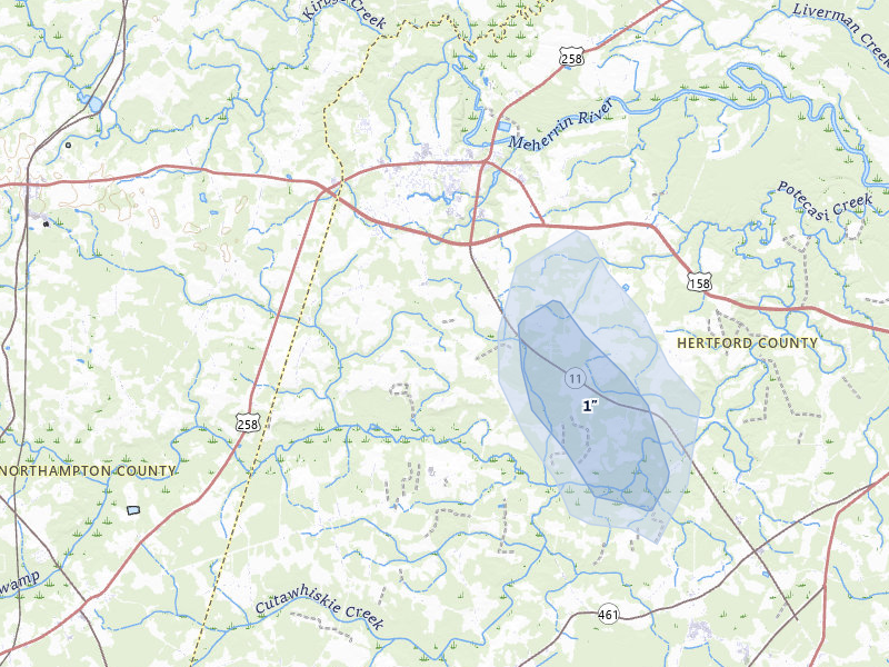NEXRAD radar-signature map of the hail storm over Murfreesboro, NC on Jul 6, 2026