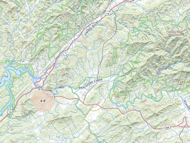 Radar-estimated hail-size map of the storm over Murphy, NC on Jul 1, 2026