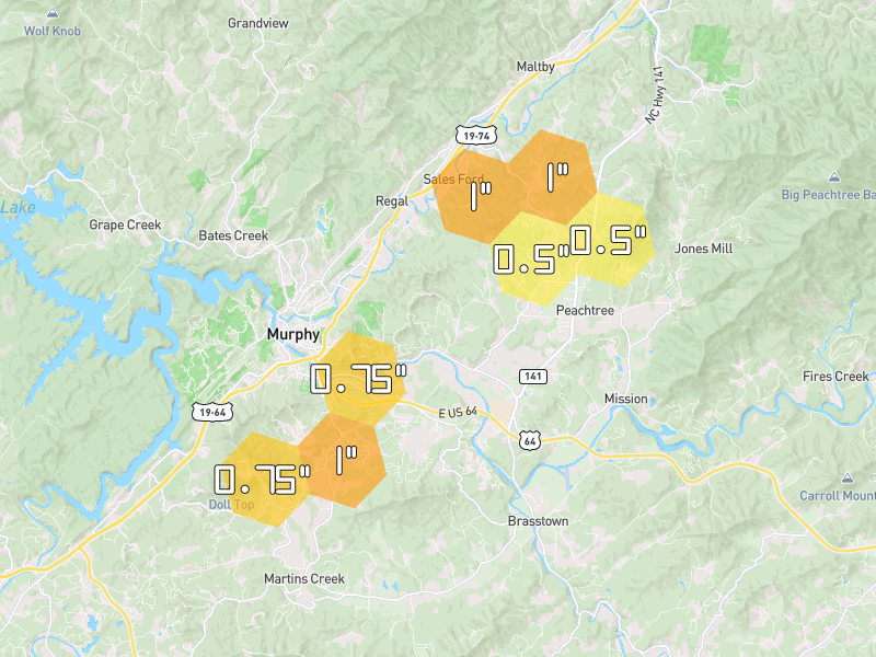 Hail map of Murphy, NC on Jul 1, 2026, hail up to 1"