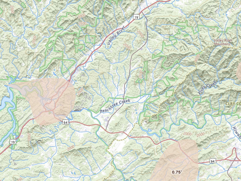 Radar-estimated hail-size map of the storm over Murphy, NC on Jul 2, 2026