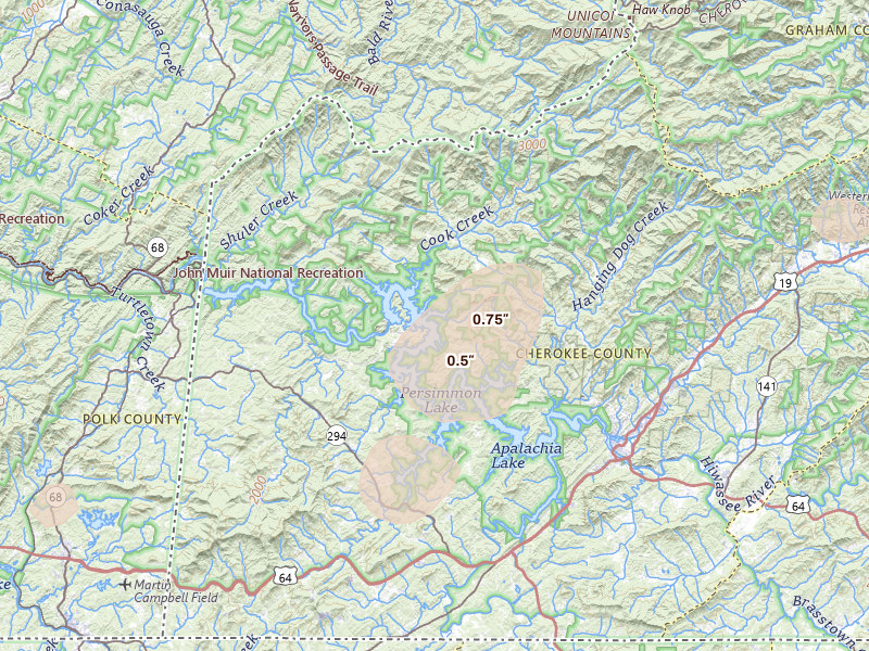 Radar-estimated hail-size map of the storm over Murphy, NC on Aug 4, 2026