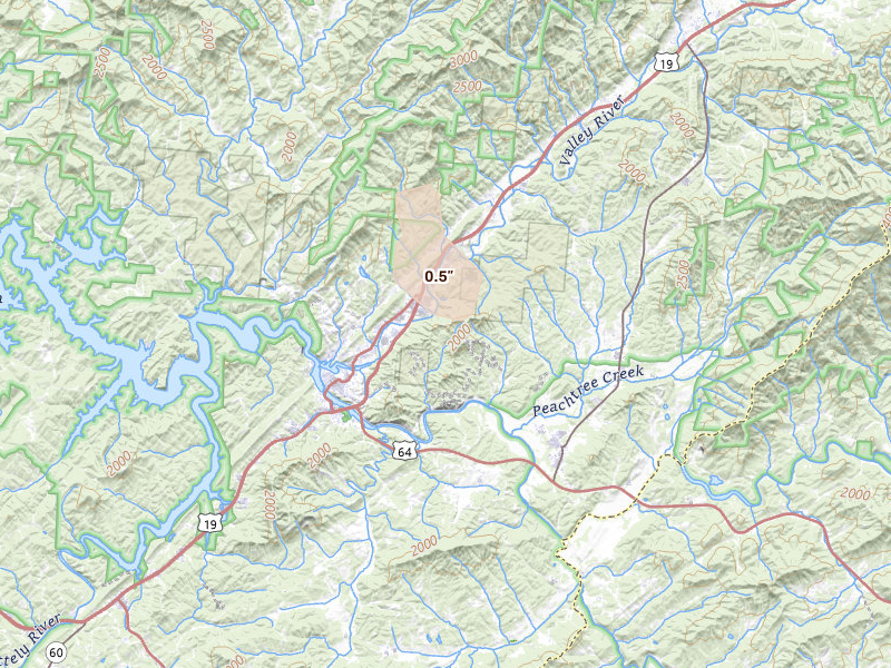 Radar-estimated hail-size map of the storm over Murphy, NC on Aug 15, 2026