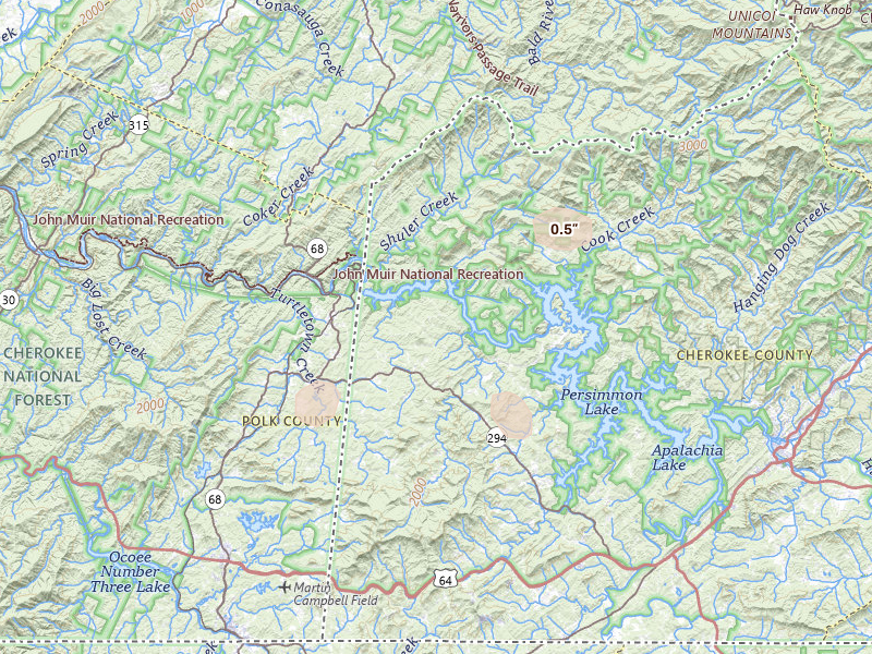 Radar-estimated hail-size map of the storm over Murphy, NC on Aug 17, 2026