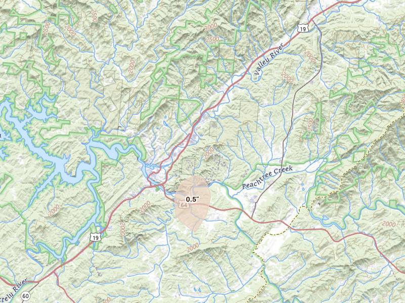Radar-estimated hail-size map of the storm over Murphy, NC on Sep 5, 2026