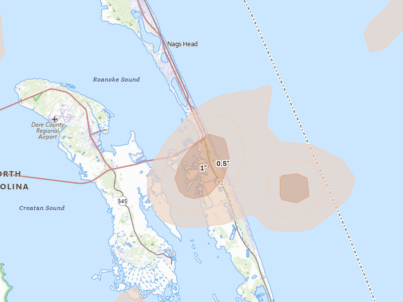 Radar-estimated hail-size map of the storm over Nags Head, NC on Jun 12, 2026