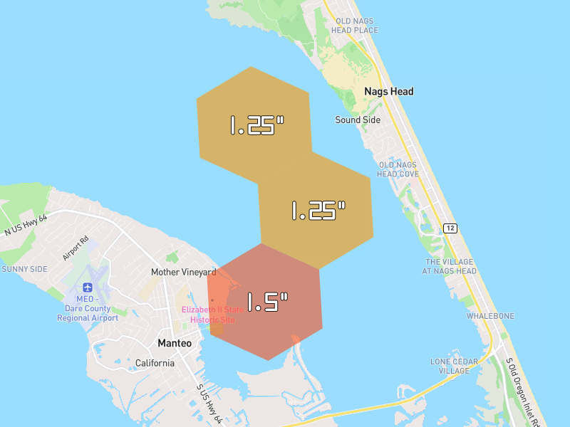 Hail map of Nags Head, NC on Jul 6, 2026, hail up to 1.5"