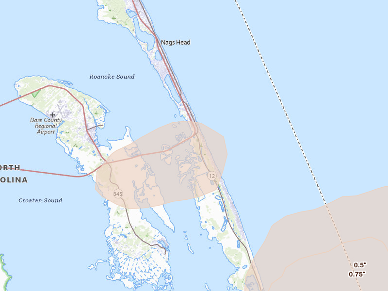 Radar-estimated hail-size map of the storm over Nags Head, NC on Jul 19, 2026
