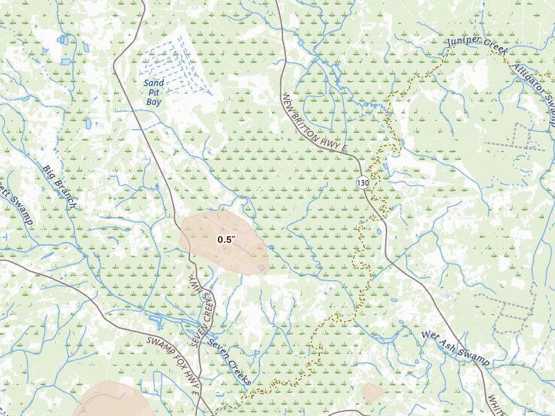 Radar-estimated hail-size map of the storm over Nakina, NC on Jul 11, 2026