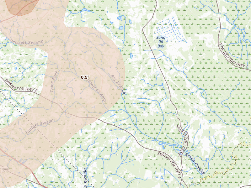 Radar-estimated hail-size map of the storm over Nakina, NC on Aug 21, 2026