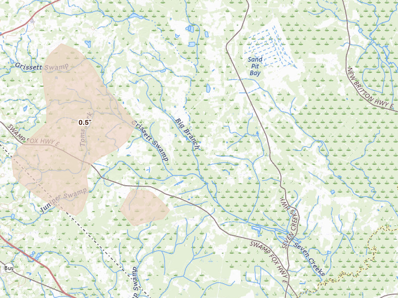 Radar-estimated hail-size map of the storm over Nakina, NC on Sep 5, 2026