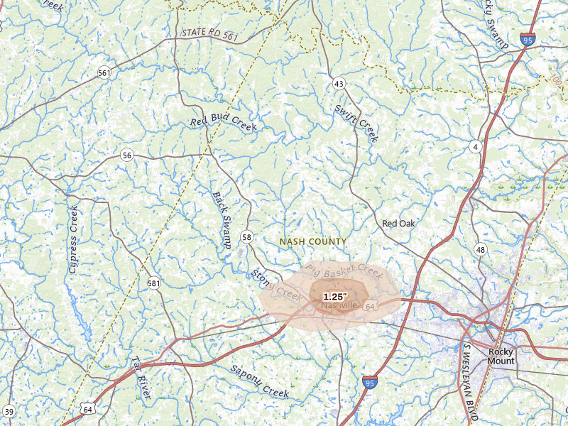 Radar-estimated hail-size map of the storm over Nashville, NC on Jun 14, 2026