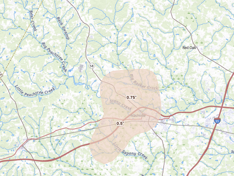 Radar-estimated hail-size map of the storm over Nashville, NC on Sep 2, 2026