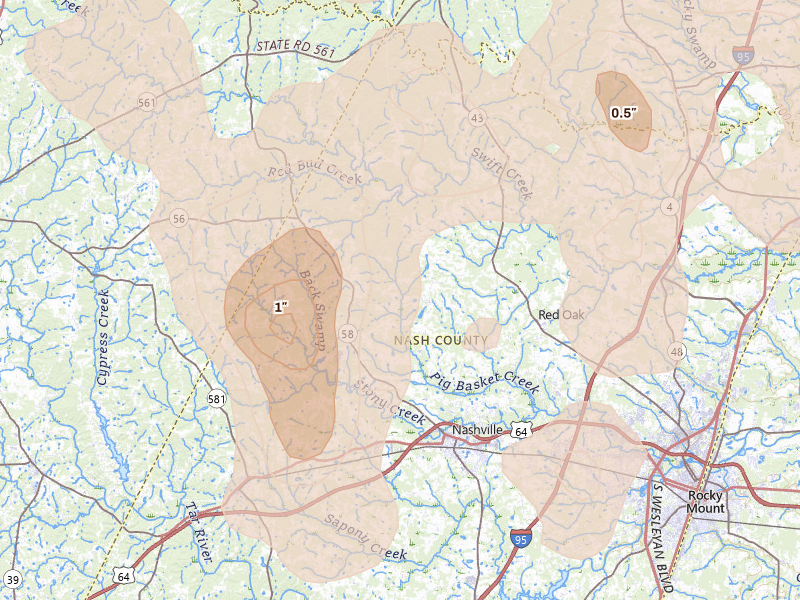 Radar-estimated hail-size map of the storm over Nashville, NC