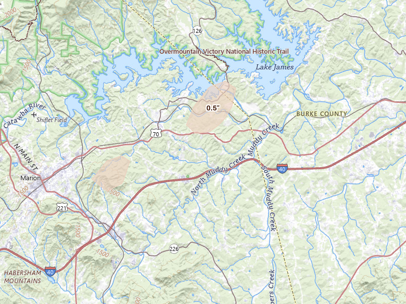 Radar-estimated hail-size map of the storm over Nebo, NC on Jul 18, 2026