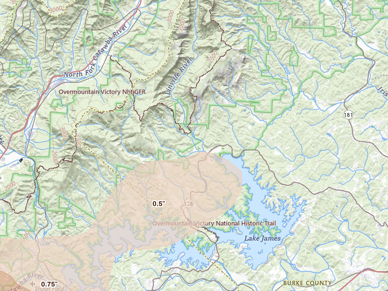 Radar-estimated hail-size map of the storm over Nebo, NC on Aug 11, 2026