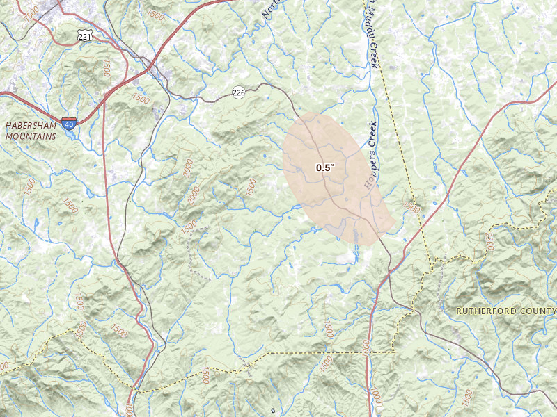 Radar-estimated hail-size map of the storm over Nebo, NC on Aug 28, 2026