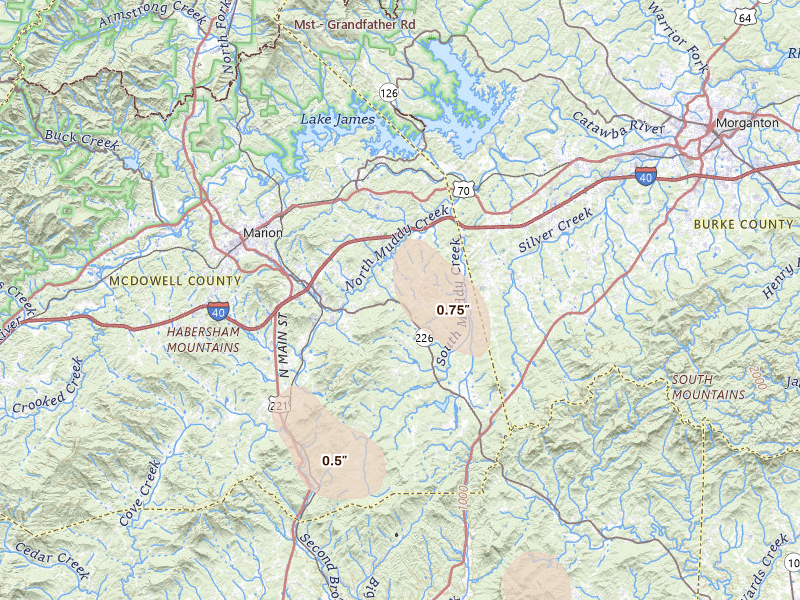 Radar-estimated hail-size map of the storm over Nebo, NC
