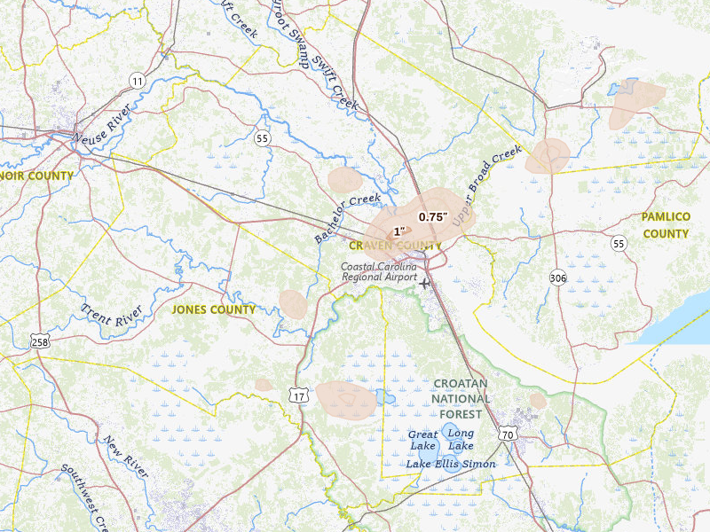 Radar-estimated hail-size map of the storm over New Bern, NC