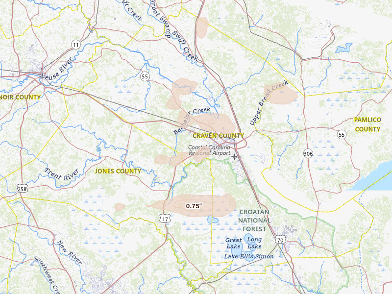 Radar-estimated hail-size map of the storm over New Bern, NC on Jun 27, 2026