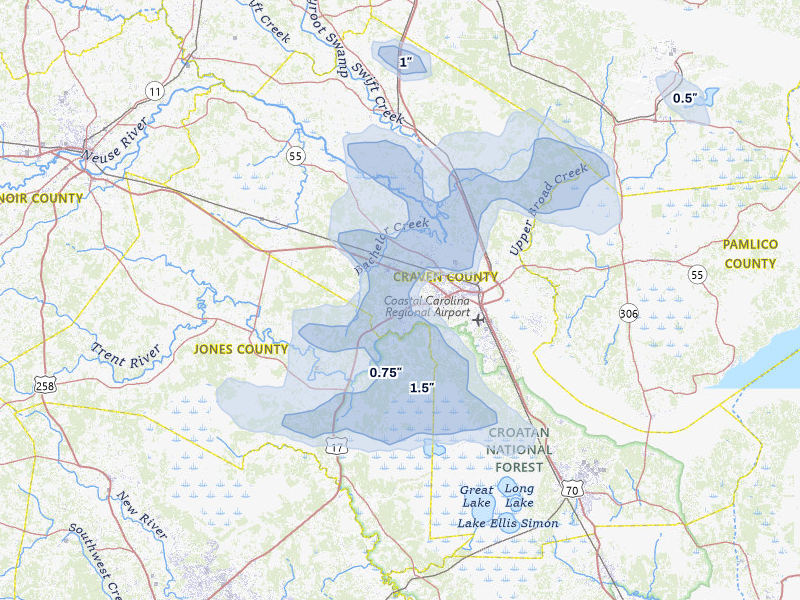 NEXRAD radar-signature map of the hail storm over New Bern, NC on Jun 27, 2026