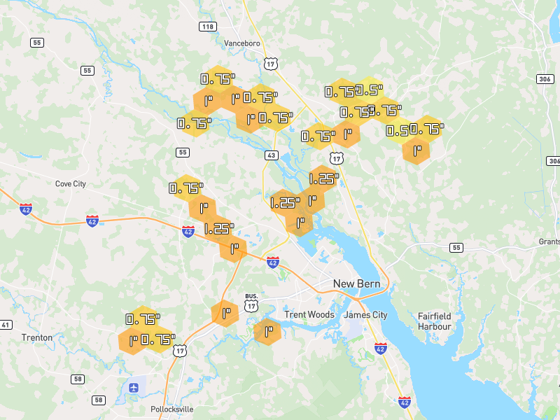 Hail map of New Bern, NC on Jun 27, 2026, hail up to 1.25"