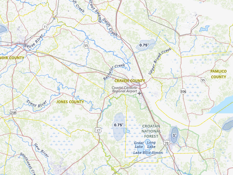 NEXRAD radar-signature map of the hail storm over New Bern, NC on Jun 28, 2026