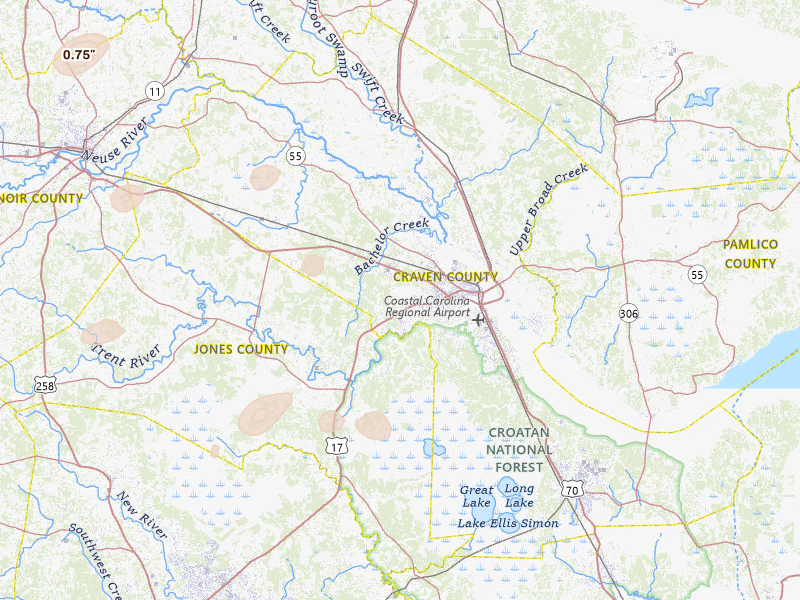 Radar-estimated hail-size map of the storm over New Bern, NC on Jul 6, 2026