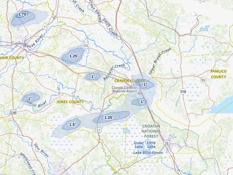 NEXRAD radar-signature map of the hail storm over New Bern, NC on Jul 6, 2026